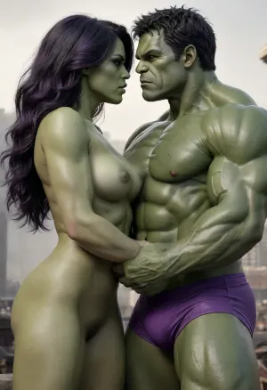 (The Hulk wearing ripped purple shorts), and, (She-Hulk busty and naked with black hair and green skin and a hairy bush), embrace passionately, kissing and groping each other, full body view, hyperrealism, sharp, ultra detailed, sharp focus, best quality, masterpiece, intricate details, hyperrealistic, natural skin texture