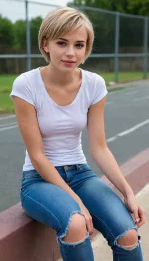 18yo euro girl, large brown eyes, sensual mouth, nice full lips, perfect teeth, dirty blond, ((short boyish haircut)), slim, waistline, narrow hips, small butt, flat chested, hard nipples, tomboy, stretched t-shirt, wrinkled jeans, unbuttoned fly, sits on the fence of the basketball court, full length photo