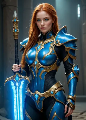 A sexy starcraft ginger babe, with small tits, in Protoss armor, high templar, full body view, great, lighting, half naked, hair on a single long braid, freckles, lots of public hair on pussy, detailxl, hkstyle, <lora:great_lighting:.7>, <lora:cfg_scale_boost:1.4>, <lora:hkstyleV5:.8>
