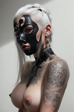 Gothic girl, 20, white hair, profile photo. Eyes heavily covered with shadows, piercing all over the face. She has plump lips, she passionately opens them and closes her eyes, head thrown back. Her neck, shoulder and side are fully covered with a black mess of tattoos. Photo up to the chest, breasts are small and sharp, nipples protruding defiantly, flat, chested, <lora:flat_chested_v3.5:.8>, <lora:DetailedEyes_V3:.8>, tattoo, irezumi, <lora:badbroirezumi3:.8>
