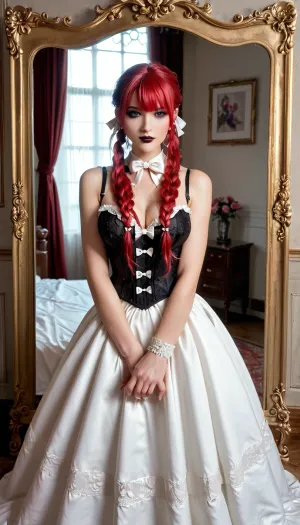 Raw photo, 8k uhd, high quality, high resolution, ultra-detailed, professional photography, photorealism, realistic, beautiful sexy tall supermodel girl, french maid lingerie, corset, goth girl look look, beautiful face, long pigtails hairstyle with white bows, red hair, big rounded tits, seductive face, makeup, dark lipstick, full body visible, complete body showing bmbplora, Garterbelt, black, fabric, floral, embroidery, wearing, the, garterbelt, iron, chains, <lora:bimboxl_02:.5>, <lora:GarterbeltXL:.5>