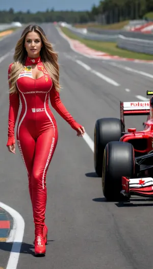 Masterpiece, full body shot, wide shot, Ferrari Female recar driver standing next to her formula one car, she's wearing a red racing suit, background is Monaco race track with an multiple formula one cars, (((formula one car:1.5))), formula one race, F1, formula one, full body race suit, realistic, real, hyper, realsitic, influencer, insta, beautiful, sexy, pretty, (((hair flowing in the wind))), large, breasts, big, boobs, huge, tits, <lora:bombshell_v2:.8>, <lora:580159_training_data:.8>