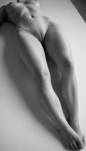 A closeup image black and white photograph captures the elegant and sensual form of a nude model lying on a smooth, light-colored surface. The composition focuses on the lower half of the body, emphasizing the curves and lines of the legs and hips. The figure's legs are bent at the knees, with one leg extended and the other slightly raised, creating a dynamic and graceful pose. A black high-heeled shoe adorns one foot, adding a touch of sophistication and contrast to the otherwise monochromatic scene. The lighting is soft and diffused, highlighting the smooth texture of the skin and creating subtle shadows that enhance the three-dimensionality of the form. The overall mood is one of quiet elegance and understated sensuality, achieved through the interplay of light, shadow, and form.