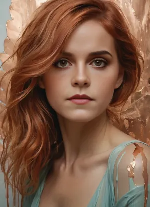 A mesmerizing portrait of a woman by Agnes Cecile, reimagined with luminous design and pastel hues. Copper brush strokes dance across the canvas, ranging from light rose gold to deep bronze and hints of greenish-blue. These strokes create a partial frame, accentuating the woman's features with delicate highlights on hair and facial contours. Sweeping copper strokes in varying opacities add depth and movement to the background, seamlessly blending with existing ink drips. Textured brushes mimic real copper paint, alternating between thin and bold strokes for visual intrigue. The copper elements interact with autumn lights, catching and reflecting luminous highlights. Pastel colors and ink drips harmonize with the metallic accents, creating a multi-layered, tactile experience. The final piece balances luminous qualities with copper elegance, resulting in a breathtaking fusion of traditional and contemporary artistic techniques.