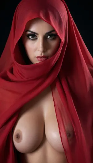 A nude iranian curvy busty slut draped in a flowing red veil, big saggy tits, black Smokey heavy eye makeup, which contrasts dramatically against a dark background. she has dark and heavy arabic style makeups, with "Iran" tattoo, The fabric twists around the body, leaving parts of the figure exposed while others are hidden in shadows. The use of the red veil creates a striking visual, and the light catches the folds and movement of the fabric, dark dramatic image, highlighting the tension between exposure and concealment.