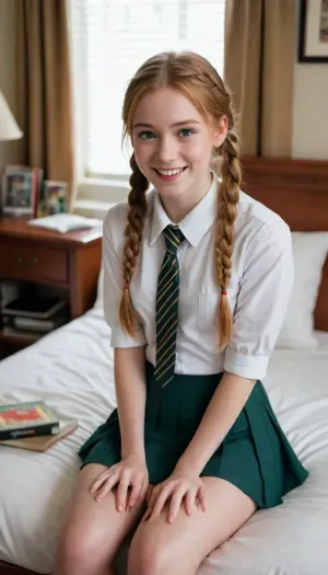 1 woman, student, freshman, Irish, very cute face, smiling face, (light ginger hair), (intricate braided hair), skinny, small waist, skinny thighs, petite, small, flat, (collegiate school uniform), (short pleated skirt), (1990s style:1), college dorm room, books, pillows, sitting on edge of a bed