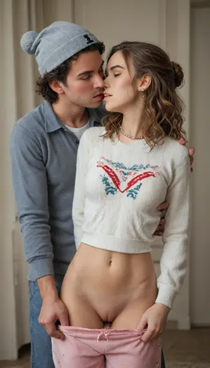 (Hermione Granger:1.3), very long pearl necklace, prominent circular earrings, perfect teeth, slender figure. happy expression, ((white and red pulled down pajama pants)), in her apartment. Her panties are the center of the image, and she is facing forward . Her eyes are closed. A tall man is behind the girl, standing very close., (((He is grabbing her hips. her hair is up in a bun. She is wearing a long-sleeved holiday themed sweater, panties and hat))), ., (((Her, pajama pants are pulled down. She is wearing holiday themed panties))), . She appears to be of slim build., (The man’s expression is sexually aroused), her belly button is visible. He is pajama pants and a sweater. His face is visible and he is kissing her ear., . He has short hair
