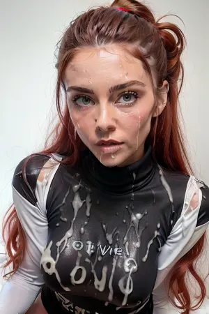 ((18yo cum covered fitness model on her knees)), bright red autumn red hair, ((skinny face)), ((long messy after sex hair frames her face)), tousled hair, blue eyes, skinny, perfect body, pov, looking up at viewer, eye contact, (detailed face:1.3), (((wearing a black roll neck satin top with 'cum on me' in white writing on front))), (no poking through nipples), long sleeves, surprised, messy updo, black panties, woman, facial, face, breasts, stomach, covered, in, perfect, cum, on, cloth, <lora:cum on any v3:.5>, <lora:cum_on_cloth:.5>