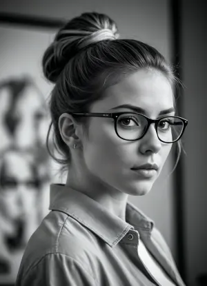 woman, glasses, thick ponytail, in the style of a black and white sketch