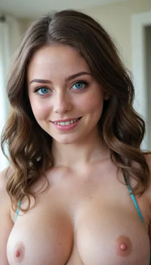 young and beautiful babe, big natural boobs, big areolas, large nipples, perfect innie pussy, natural cameltoe pussy, wide hips, PAWG, fresh shaved pussy and asshole, slender waist, leaning forward towards the camera, squeezing her boobs together with her upper arms, big smile, makeup, body freckles, dark brunette hair, wavy hair, ice blue eyes, 19 years old, modern house