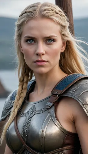 Ultra realistic face, full body shot, ultra detailed, masterpiece, shieldmaiden kiera is a very beautiful woman, small breasts, slim, slender, blue eyes, blonde, wearing viking battle armor with shield and axe, viking female warrior hairstyle, good quality hands, good quality head, on a viking ship, (perfect hands, perfect fingers), <lora:HandFineTuning_XL:1>