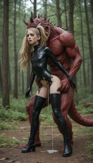A beautiful petite fantasy girl gets fucked by a gigantic dragon, flat chested, long blonde hair, pigtails, latex torn dress, running makeup, ultra high definition, fear, terror, scared look on her face, gigantic flacid monster cock, legs spread open, deep vaginal fuck, cum squirts out of her pussy, dark fantasy world, the dragon is gigantic compared to her, gigantic dragon, wearing latex, side view, wearing a belt, wearing boots, classic, exotic, magma, bone, undead, thunder, forest, golden, <lora:Classic Western Dragons XL:.8>