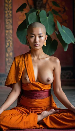 Young Tibetan woman nun in orange toga of Buddhist monk, huge sagging breasts, ((hair on head shaved off)), toga leaves left shoulder and left breast exposed, ((left tit bare)), meditating in lotus pose, full body in frame