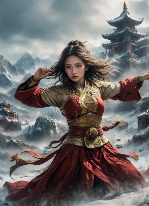 Xuer's snowbound martial arts: a highres masterpiece of flowing garments and tibetan architecture amidst the blizzard