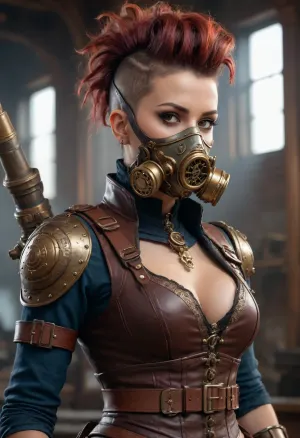 Steampunk lady with a breathing mask, mohawk hair, steampunk outfit and weapon, intricate design and details, dramatic lighting, hyperrealism, photorealistic, cinematic, 8k, unreal engine.