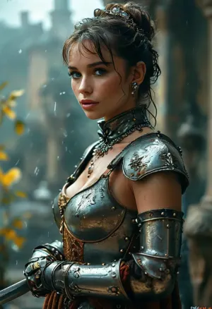 (Movie poster for a 1960s horor movie version of breakfast at Tiffany's:1.4), 1girl, best quality, ultra-detailed, masterpiece, finely detail, highres, 8k wallpaper, sexy heavily armored european knight with massive tits and a slim waist plus thick thighs, elegant posture, dynamic pose, dynamic angle, dark fantasy, rembrant lighting, highly detailed castle overgrown with vegetation in the background, a confident plus dominant aura and demeanor, athletic body with tight abs and toned muscles, heavy weighty metal armor thats worn from battle, belts and straps, metal armor plating, metal breastplate, large metal gauntlets, large metal pauldrons, medieval knight with heavy armor, bulky thick armor, dimly light, soft gentle lighting, chain accessories, extremely detailed face with a strong jawline plus defined cheek bones plus freckles and beauty marks, stunningly beautiful face with a intoxicatingly seductive and aroused expression, radiating powerful sexual energy, overcast and rainy, 25yo woman, cute tight ass, thick heavy metal tassets, big bow in ponytail, chainmail skirt, plain ocher velvet underdress, holds a sword, <lora:498614_training_data:.5>, <lora:tbh71-sdxl:.5>, <lora:MJ52:.8>