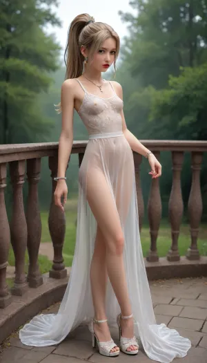 woman, age 22, 22yo, RAW professional photography, (Detail:1.1), soft focus, focus on body, soft cinematic light, (masterpiece, perfect illumination), gloomy gothic atmosphere, dark fantasy, overcast, dark, gothic mood, gloomy atmospheric light, sidelight, outside on balcony, forest, eyes not watching viewer, (no eyecontact), no eye contact, seductive expression, fair skin, perfect skin, ((high detailed skin)), high quality, detailed skin texture, ash blonde hair, Bimbolips, red lipstick, bracelets, earrings, necklaces, thin waist, slender body, petite, (tiny body:1.7), perfect long legs, erect nipples, visible breasts, slick hair, (very high ponytail:1.3), skinny body, small breasts, ((skinny, petite)), (fine detailled heels, high heeled slippers:1.3), white kinky clothes with elements of victorian satin and lace, woman getting fucked by big man, legs spread open fully, fat penis, long penis, big penis, Transparent_Clothes_V2, Transparent_Clothes, transparent clothes, spunkmouth, <lora:uberRealisticPornMerge_urpmv12320LORA:.5>