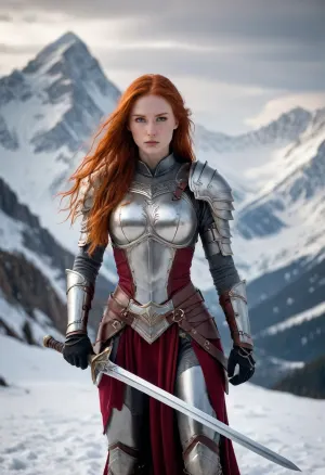 sexy warrior, slender, long red hair, medium breast, metal armor, belly free, two-handed sword, snow-covered mountains, (UHD, 4K, 8K)