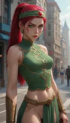 masterpiece, best quality, high resolution, hires, score_9, score_8_up, score_7_up, score_6_up, ((Jessie from Final Fantasy Rebirth)), incase, style, ratatatat74, solo, close up, (dark skin), green outfit with armor, small breasts, (muscular body), red headband, in game outfit, sweat, eyes looking at viewer, detailed pupils, smug expression, smug, standing facing front, holding spear, sexy pose, cameltoe, detailed, day, city, <lora:287175_training_data:1>, <lora:ratatatat74-000050:.8>