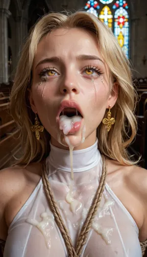 Church girl, bright gold eyes, light skin, bound in rope, large boobs in full view, sucking mans large cock in her mouth balls deep, cum covered, in church, she is in full view, (gripping large tits:1.2), (rolling eyes:.7), (blonde hair:1.1), ((her body visible)), crying in joy