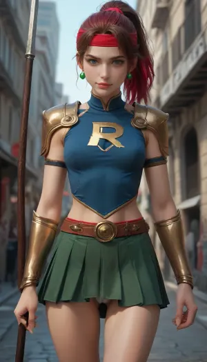 masterpiece, best quality, high resolution, hires, score_9, score_8_up, score_7_up, score_6_up, ((Jessie Raspberry from Final Fantasy Rebirth)), incase, style, ratatatat74, solo, close up, (dark skin), green mini skirt, blue shirt, with silver chest armor, small breasts, (muscular body), red headband, brown hair ponytail, in game outfit, sweat, eyes looking at viewer, detailed pupils, smug expression, smug, standing facing front, holding spear, sexy pose, cameltoe, detailed, day, city, Midgar, Uzi in hand, <lora:287175_training_data:1>, <lora:ratatatat74-000050:.8>