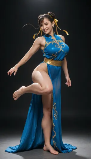 Street Fighter

Chun Li, smile, blue silk Chinese transparent dress with open hips, loincloth, female body aesthetics, silhouette, dynamic pose, kick, mawashi 

digital watercolor art💯