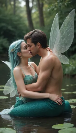 kissing a fairy, fairy with butterfly wings, fairy wings purple, mermaid man inside the lake