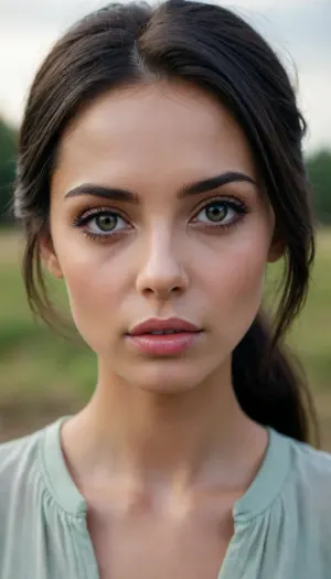 1girl, exotic beauty, doll-like features, Spanish, light grey eyes, black hair, big eyes, high cheekbones, full lips, 30 year old woman, honey complexion, very skinny, fashionable clothes, no makeup, cinematic still, 4k epic detail, shot on kodak, 35mm photo, sharp focus, high budget, cinemascope, moody, epic, gorgeous, film grain, grainy