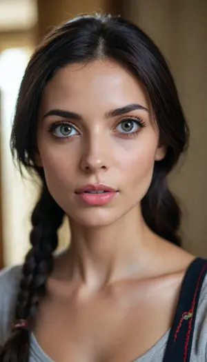 1girl, exotic beauty, doll-like features, Spanish, light grey eyes, black hair, big eyes, high cheekbones, full lips, 30 year old woman, honey complexion, very skinny, fashionable clothes, no makeup, cinematic still, 4k epic detail, shot on kodak, 35mm photo, sharp focus, high budget, cinemascope, moody, epic, gorgeous, film grain, grainy