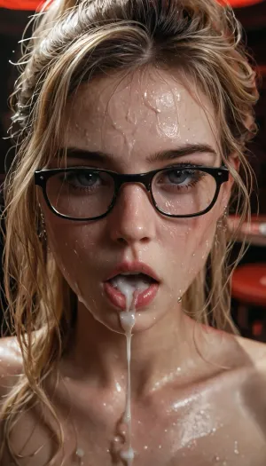 UHD 8K, extreme realism, maximum detail, pretty American woman, wet skin, fair skin, horny naked, wet hair, facial cum, mouth cum, lean chest, lean waist, stretched pussy, orgasmic, submissive, award winning photo, octane render, thick rimmed oversized glasses, medium breast, raised eyebrows, opened mouth, exhausted, big hips, narrow waist, long blonde hair, high ponytail, nightclub, close up shot, lean man, <lora:BodyLicious:.4>, <lora:200721_training_data:1>, <lora:dark:.4>, <lora:add-detail-xl:1.5>