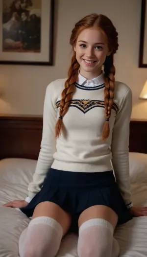 1 girl, freshman, American, very cute, happy smiling face, (reddish auburn hair), (intricate braided hair), skinny, small waist, skinny thighs, petite, small flat, (collegiate uniform with a sweater and a mini skirt), white cotton knee high socks, dorm room, books, pillows, sitting on the edge of her bed