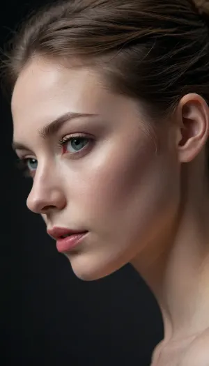 masterpiece, best quality, ultra-detailed photorealistic nude study of a stunning young woman, femine beauty in profile, (flawless pale alabaster skin:1.1), minimalist composition, sharp focus on eyes and makeup details, textured dark charcoal grey studio background, subtle vignette, (dramatic cinematic lighting:1.2), strong key light illuminating the face, soft rim light creating separation, deep contrasting shadows, shot on Sony A7R IV with 85mm f/1.4 lens, shallow depth of field, bokeh background, professional color grading, RAW photo quality, 8k UHD, insanely detailed, intricate details, award-winning photography, striking visual contrast, elegant