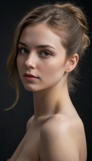 masterpiece, best quality, (ultra-detailed photorealistic nude study of a stunning young woman:1.3), (feminine beauty in profile), (sense of vulnerability, intimacy, soft shy smile, uncertain expression, bashful), (flawless pale alabaster skin:1.1), (), minimalist composition, sharp focus on eyes and makeup details, textured dark charcoal grey studio background, subtle vignette, (dramatic cinematic lighting:1.2), strong key light illuminating the face, soft rim light creating separation, deep contrasting shadows, shot on Sony A7R IV with 85mm f/1.4 lens, shallow depth of field, bokeh background, professional color grading, RAW photo quality, 8k UHD, insanely detailed, intricate details, award-winning photography, striking visual contrast