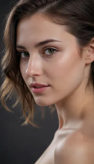 masterpiece, best quality, (ultra-detailed photorealistic nude study of a stunning young woman:1.3), (feminine beauty in profile), (sense of vulnerability, intimacy, soft shy smile, uncertain expression, bashful:1.5), (flawless pale alabaster skin:1.1), (long inky black hair with warm undertones, long hair hanging in loose waves, loose strands of hair falling across her face), minimalist composition, sharp focus on eyes and makeup details, textured dark charcoal grey studio background, subtle vignette, (dramatic cinematic lighting:1.2), strong key light illuminating the face, soft rim light creating separation, deep contrasting shadows, shot on Sony A7R IV with 85mm f/1.4 lens, shallow depth of field, bokeh background, professional color grading, RAW photo quality, 8k UHD, insanely detailed, intricate details, award-winning photography, striking visual contrast