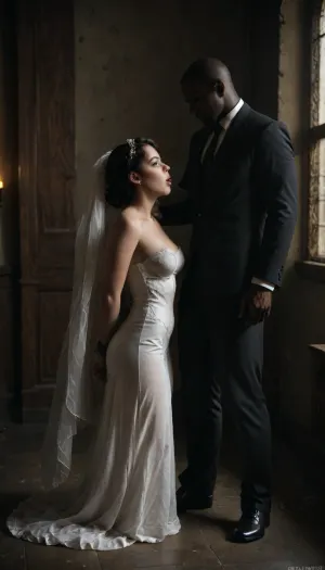 interracial, black skin man.
A modern, side view, professional bridal full body image of an Iranian bride with a slightly curvy figure, raven black hair, wearing a luxurious white wedding dress with Persian-inspired embroidery, standing in soft natural light near a window. Her makeup is elegant and traditional with a modern touch. She wears delicate gold jewelry and a sheer veil with lace edges. The background is minimalistic and bright, blowjob for big black panis, deep throated big black penis, with soft-focus floral elements., ((there is a huge giant black skin muscular man in a suit standing near the bride)), The composition highlights her natural beauty and confidence, with a soft glow and cinematic style lighting. Captured with a shallow depth of field and high resolution., upside, down, one, face, rope, black, tape, bondage, <lora:face_upsidedown:1>, <lora:bdsm_SDXL_1_:1>, <lora:dAIversityUnderstandingXLRealistic:.7>, <lora:dark:.5>, BadX, <lora:Cross_Dress:.8>