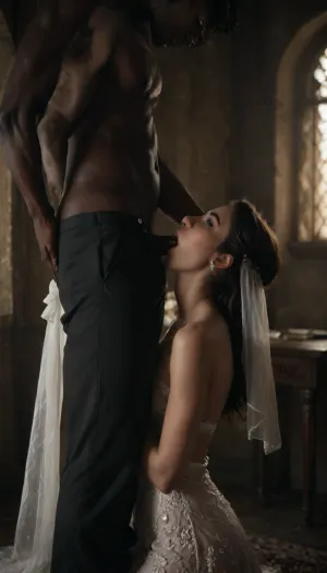 interracial, black skin man.
A modern, side view, professional bridal full body image of an Iranian bride with a slightly curvy figure, raven black hair, wearing a luxurious white wedding dress with Persian-inspired embroidery, standing in soft natural light near a window. Her makeup is elegant and traditional with a modern touch. She wears delicate gold jewelry and a sheer veil with lace edges. The background is minimalistic and bright, blowjob for big black panis, deep throated big black penis, with soft-focus floral elements., ((there is a huge giant black skin muscular man in a suit standing near the bride)), The composition highlights her natural beauty and confidence, with a soft glow and cinematic style lighting. Captured with a shallow depth of field and high resolution., upside, down, one, face, rope, black, tape, bondage, <lora:face_upsidedown:1>, <lora:bdsm_SDXL_1_:1>, <lora:dAIversityUnderstandingXLRealistic:.7>, <lora:dark:.5>, BadX