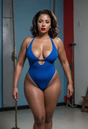 milf, curvy body, medium hair, BLUE swinsuit, bdsm, dark skin, red lipstick, shaved pussy, standing