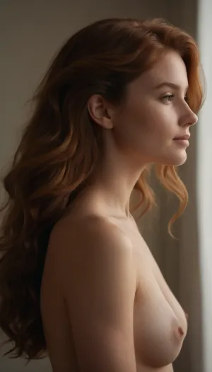 masterpiece, best quality, (ultra-detailed photorealistic nude study of a stunning young woman:1.3), (female body in profile:1.4), (sense of vulnerability, romantic intimacy, soft shy smile:1.5), (flawless pale alabaster skin:1.1), (rich auburn hair with coppery highlights, long luxurious wavy hair, voluminous hair), (soft breasts, high breasts, small natural breasts), minimalist composition, sharp focus on eyes and hair details, subtle vignette, (dramatic cinematic lighting:1.2), strong key light illuminating the face, soft rim light creating separation, deep contrasting shadows, shot on Sony A7R IV with 85mm f/1.4 lens, shallow depth of field, bokeh background, professional color grading, RAW photo quality, 8k UHD, insanely detailed, intricate details, natural skin texture, natural hair texture, award-winning photography, striking visual contrast