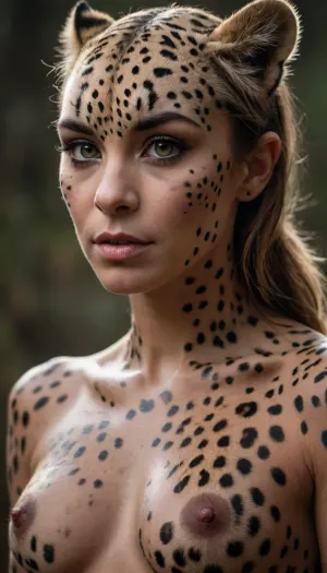 Antropomórfico, (leopardo), skin leopardo, full motled, olhando pro lado, mulher orc humanoide, cor de pele humana, pele realista, ultra realismo, alta definição, fundo solido.