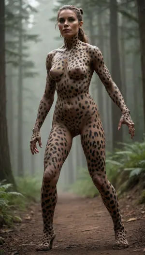 Antropomórfico, (leopardo), skin leopardo, full motled, olhando pro lado, mulher orc humanoide, cor de pele humana, pele realista, ultra realismo, alta definição, fundo solido.