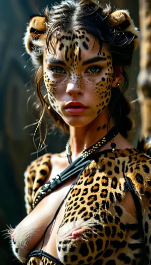 masterpiece, fit vascular, Antropomórfico, (leopardo), skin leopardo, full motled, olhando pro lado, mulher orc humanoide, cor de pele humana, pele realista, ultra realismo, alta definição, fundo solido, skinny, (wearing torn very tightly fitted clothes:.4), (intense possessed eyes), eyeliner, veiny legs, (intense veins all over her body:.5), (black detailed vein texture:.5), (transforming into a anorexic furry leopardo:.6), (infected bulging black veins:.5), (intense detailed pussy texture:1.1), (sharp claws on her hands:1.03), Her intense gaze and poised stance add a daring, modern twist to the traditional drape, creating a striking and edgy aesthetic, subtly softening the bold composition, View her back side, Cinematic and luxurious, view alutrawide angle, wide angle, (angry, fighting with viewer), full extra wide angle, full view, 4k details, extra detail, pointed ears, (full body view:1), wanapi, fur, all, fours, <lora:wanapi:.5>, <lora:MJ52:.9>