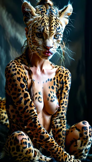 masterpiece, fit vascular, Antropomórfico, (leopardo), skin leopardo, full motled, olhando pro lado, mulher orc humanoide, cor de pele humana, pele realista, ultra realismo, alta definição, fundo solido, skinny, (wearing torn very tightly fitted clothes:.4), (intense possessed eyes), eyeliner, veiny legs, (intense veins all over her body:.5), (black detailed vein texture:.5), (transforming into a anorexic furry leopardo:.6), (infected bulging black veins:.5), (intense detailed pussy texture:1.1), (sharp claws on her hands:1.03), Her intense gaze and poised stance add a daring, modern twist to the traditional drape, creating a striking and edgy aesthetic, subtly softening the bold composition, View her back side, Cinematic and luxurious, view alutrawide angle, wide angle, (angry, fighting with viewer), full extra wide angle, full view, 4k details, extra detail, pointed ears, (full body view:1), wanapi, fur, all, fours, arching4s, <lora:wanapi:.5>, <lora:MJ52:.9>, <lora:arching4s:.8>