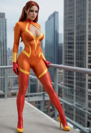 Full body, Pyro Vixen, extremely large breasts, extremely large ass, extremely large hips, extremely thin waist, extreme hourglass figure, top heavy, bottom heavy, front heavy, back heavy, bimbo body, athletic, strong, muscular, tan skin, long red hair in a ponytail, light makeup, brown eyes, super heroine, orange leotard with yellow accents, sleeved orange gloves with yellow accents, thigh high orange boots with yellow accents, orange eye mask, red cape, on top of a building
