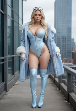 Full body, Blizzard Babe, extremely large breasts, extremely large ass, extremely large hips, extremely thin waist, extreme hourglass figure, top heavy, bottom heavy, front heavy, back heavy, bimbo body, athletic, strong, muscular, pale skin, long straight platinum blonde hair, light blue lipstick, gray eyes, super heroine, long pale icy blue coat with white fur lining and long sleeves, white gloves, pale icy blue eye mask, pale icy blue boots, pale icy blue shorts with white fur lining, on top of a building