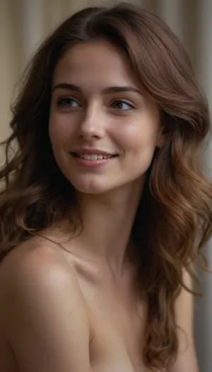 masterpiece, best quality, (ultra-detailed photorealistic nude study of a stunning young woman:1.3), (female beauty in profile:1.4), (sense of vulnerability, soft nervous smile, uncertain expression, bashful pose:1.6), (flawless pale alabaster skin:1.1), (rich auburn hair with coppery highlights, long luxurious wavy hair, voluminous hair), (soft breasts, high breasts, small natural breasts), sharp focus on eyes and hair details, minimalist composition, subtle vignette, (dramatic cinematic lighting:1.2), strong key light illuminating the face, soft rim light creating separation, deep contrasting shadows, shot on Sony A7R IV with 85mm f/1.4 lens, shallow depth of field, bokeh background, professional color grading, RAW photo quality, 8k UHD, award-winning photography, striking visual contrast, insanely detailed, intricate details, natural skin texture, natural hair texture, ziprealism