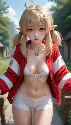 1girl, aged up, ahoge, alternate costume, areola slip, ass visible through thighs, blonde hair, blue sky, blush, breasts, cameltoe, cleavage, day, hair between eyes, hair ornament, jacket, klee \, (genshin impact\), leaning forward, long hair, long sleeves, looking at viewer, medium breasts, navel, open clothes, open jacket, open mouth, outdoors, pointy ears, red eyes, shorts, sidelocks, sky, small breasts, solo, thigh gap, thighs, twintails, white shorts, camel toe