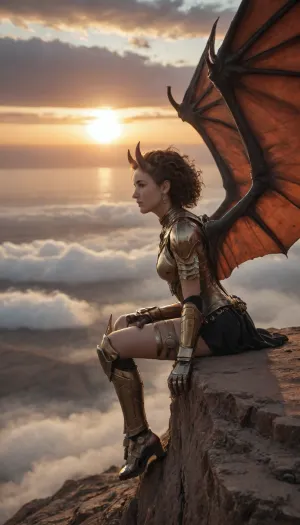 Magnificent landscape, above the clouds, sky, sunset, stars, (side view), big wings, horns, sitting on a cloud, dreamy gaze, looking into the distanc, armor, gold, futurism, absidian, demon, hell