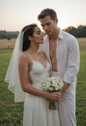 "A poetic and emotional wedding photo of a polyamorous triad — an Iranian bride in a modern, minimal white gown, standing between two black skin partners, a dark-haired woman in a champagne-toned dress, and a clean-shaven black skin man in a tailored suit. They hold hands in a circle, their heads touching gently, eyes closed, sharing a moment of deep connection and intimacy. The background is golden hour sunlight filtering through tall grass in an open field. The scene feels warm, accepting, and cinematic — a soft celebration of love beyond tradition. All three wear subtle smiles, and matching gold rings symbolize unity and balance in their non-monogamous bond."