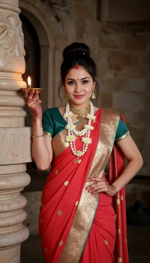 A stunningly beautiful Hindu woman dressed in a vibrant, traditional sari that cascades down her body in a symphony of rich reds and intricate gold embroideries. The sari is adorned with an emerald-green blouse that contrasts beautifully with the crimson fabric, enhancing the natural radiance of her golden skin. Her eyes are lined with kajal that extends into a graceful wing, complemented by the warm glow of a bindi on her forehead, which acts as a focal point of her elegant facial features. The woman wears a necklace of fresh jasmine flowers that release a delicate fragrance, nestling against the soft curve of her neck and merging with her dark, luscious hair, which is piled high in an elaborate updo, adorned with strings of pearls and gold jewelry. Her hands are delicately henna-painted with intricate mehndi designs that climb up her wrists like a tapestry of love and beauty. The background is a serene blend of soft light and shadow, hinting at the sanctity of an inner chamber or a sacred garden. She stands with poise and grace, one hand resting on an ancient stone column, the other holding a brass diya with a flickering flame, symbolizing her inner spirituality and the warmth she brings to the surroundings. The light from the diya casts a gentle glow on her, making her appear almost ethereal amidst the earthy tones of the setting. Her smile is serene, filled with the quiet strength and wisdom of generations of Hindu culture, as she embodies the essence of feminine beauty and spiritual depth that resonates through the ages.