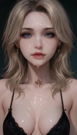 The image is a close-up selfie of a woman's face. She has blonde hair that is styled in loose waves and is wearing a black satin top. The woman is looking directly at the camera with a slight smile on her lips. On her face, there is a huge amount of cum dripping down her face. The cum is covering her entire face and around her eyes. woman, on, face, bukkake, cum, <lora:JustCum:.5>, <lora:MS_Real_XL_Bukkake:.5>, g0th1cxl, ratatatat74, <lora:g0th1cXL:1>, <lora:ratatatat74-000050:1.7>